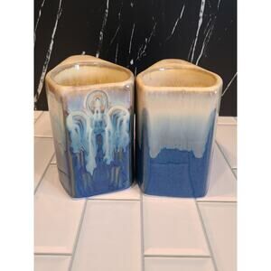 Padilla Set of (2) 4¼" Drip Glazed Blue/Beige Stoneware Mugs Unique Signed EUC